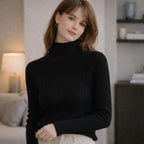 Woman wearing a black ribbed turtleneck sweater in a cozy, modern living room setting