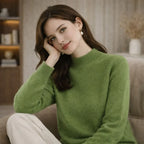 Woman wearing a green high-neck jumper, cozy indoor setting, elegant casual knitwear