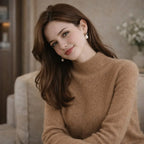 Woman wearing a camel high-neck jumper, seated indoors on a sofa, with pearl earrings.
