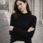 Woman wearing a black high-neck jumper and pearl earrings standing outdoors