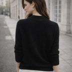 Woman wearing a black high-neck jumper outdoors, showing back view and long sleeves.