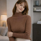 Woman wearing a ribbed brown turtleneck sweater in a modern living room setting
