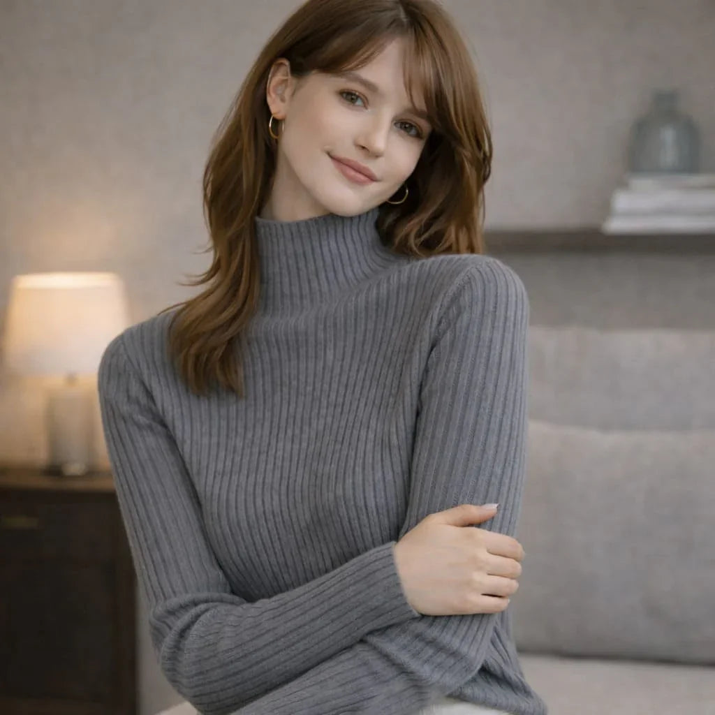 Woman wearing gray ribbed turtleneck sweater sitting on a couch in a cozy living room