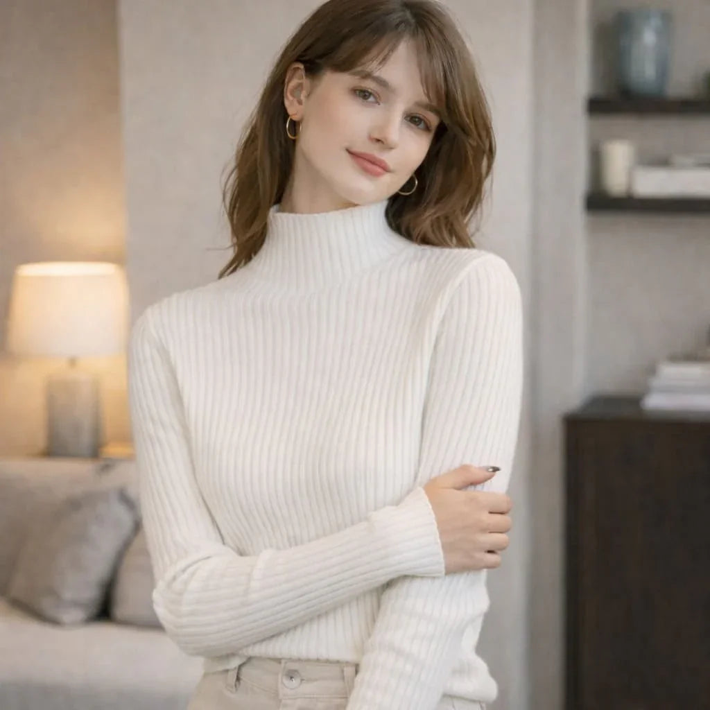 Woman wearing a white ribbed turtleneck sweater in a cozy living room setting