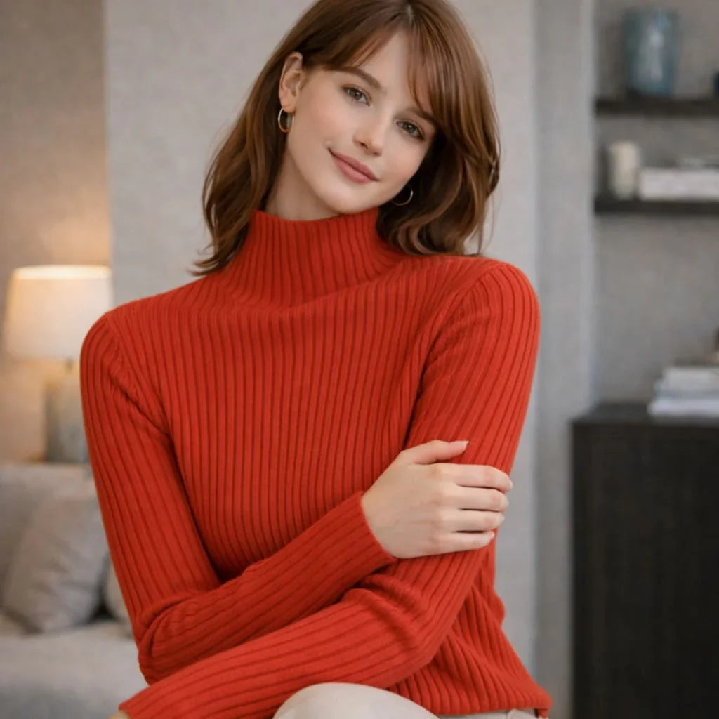 Woman wearing a ribbed red turtleneck sweater in a cozy indoor setting