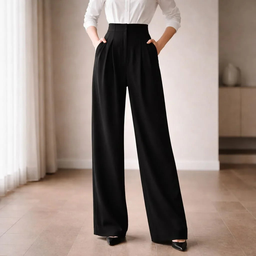 Woman wearing high-waisted black wide-leg tailored trousers and white shirt indoors