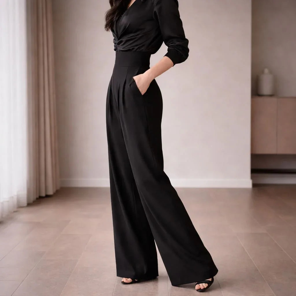 Woman wearing high-waisted black tailored wide-leg trousers in a modern room