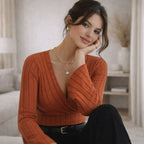Woman wearing rust orange flared-sleeve ribbed blouse and black pants, seated indoors
