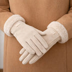 Beige suede winter gloves with fleece lining, worn with a camel coat